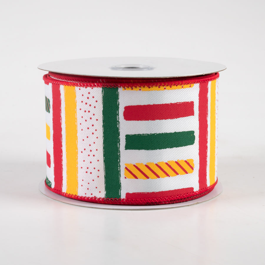 2.5" Brush Stroke Stripes Dots Ribbon: White, Yellow, Green, Red (10 Yards)