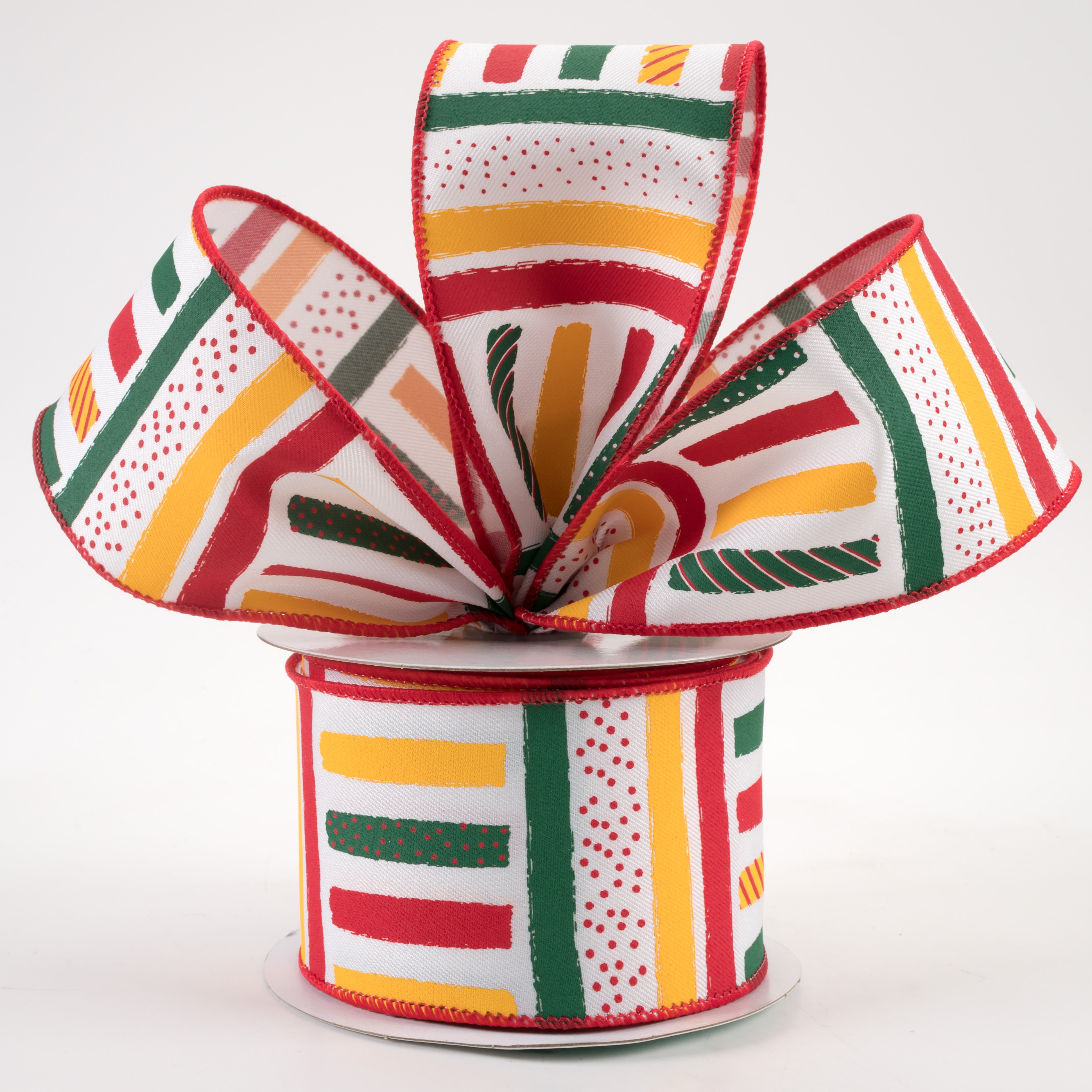 2.5" Brush Stroke Stripes Dots Ribbon: White, Yellow, Green, Red (10 Yards)