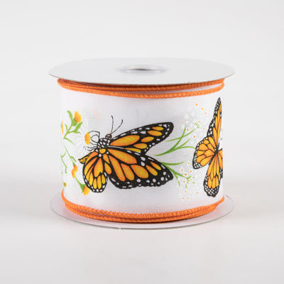 2.5" Monarch Butterfly With Daisies Ribbon: White (10 Yards)