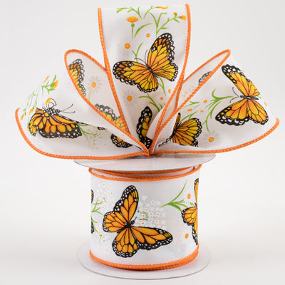 2.5" Monarch Butterfly With Daisies Ribbon: White (10 Yards)