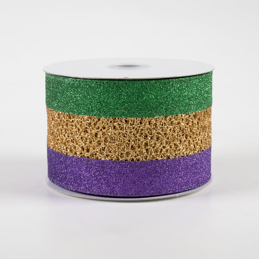 2.5" Glitter Net Solid Edge Ribbon: Mardi Gras (10 Yards)