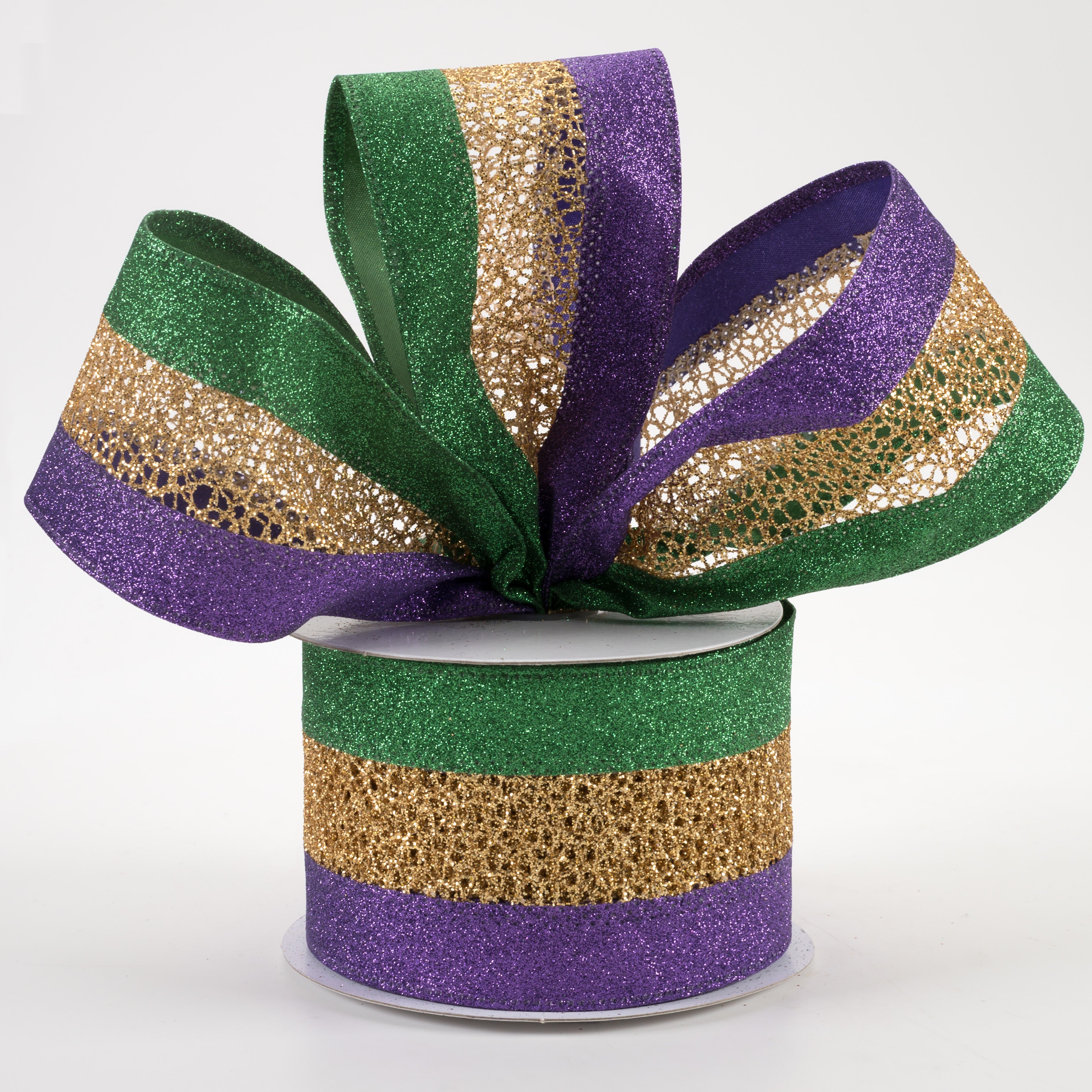 2.5" Glitter Net Solid Edge Ribbon: Mardi Gras (10 Yards)