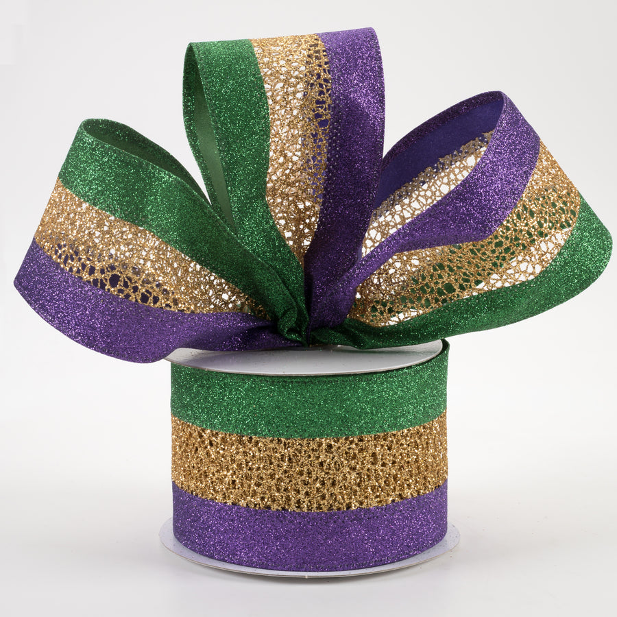 2.5" Glitter Net Solid Edge Ribbon: Mardi Gras (10 Yards)