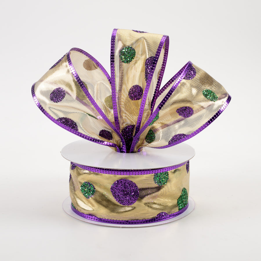 1.5" Mardi Gras Glitter Dots Lamé Ribbon (10 Yards)