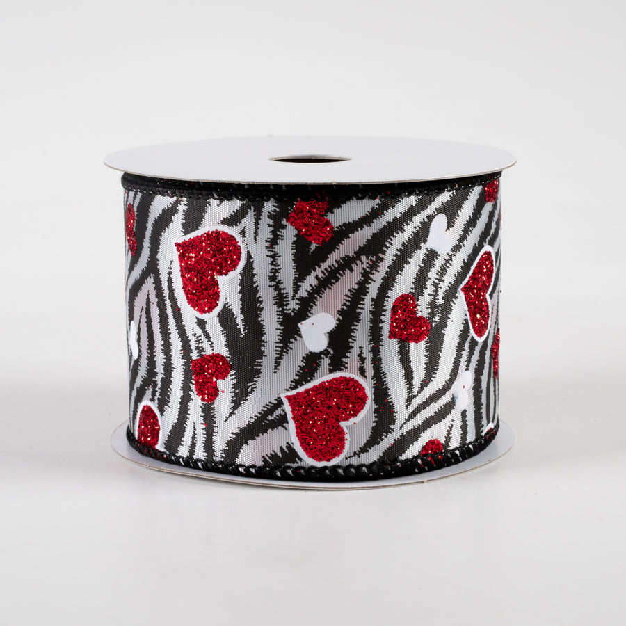 2.5" Zebra Stripes & Red Glitter Hearts Satin Ribbon (10 Yards)