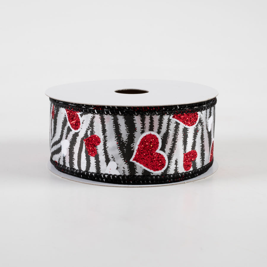 1.5" Zebra Stripes & Red Glitter Hearts Satin Ribbon (10 Yards)