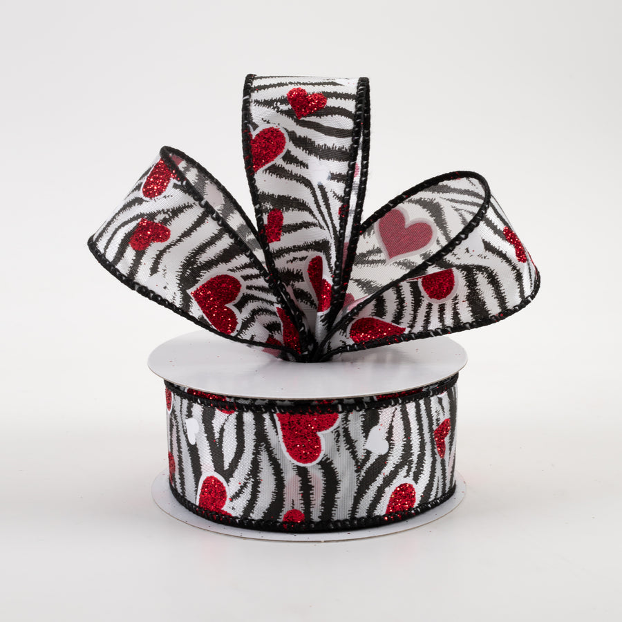 1.5" Zebra Stripes & Red Glitter Hearts Satin Ribbon (10 Yards)
