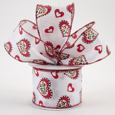 2.5" Leopard & Red Hearts White Linen Ribbon (10 Yards)
