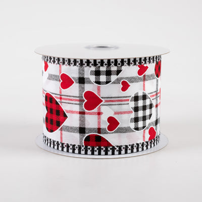 2.5" Check Hearts, Plaid, Stripe Edge Ribbon: White (10 Yards)