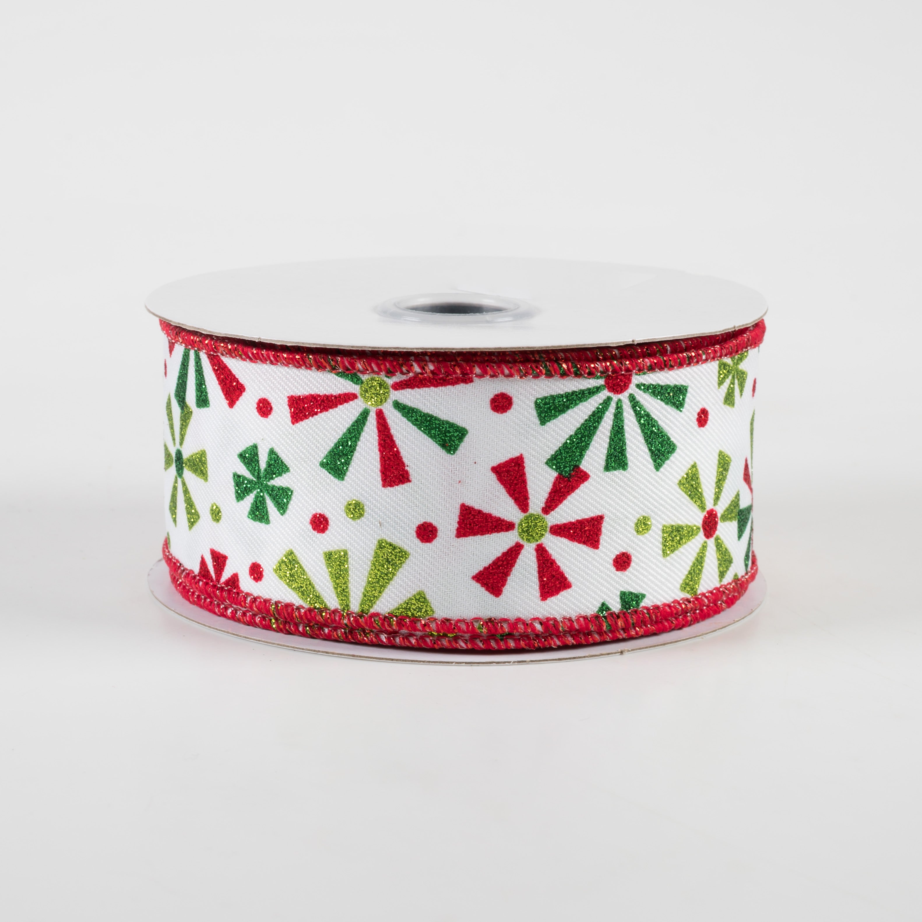 1.5" Glitter Vintage Pinwheels Ribbon: White, Red, Emerald, Lime (10 Yards)