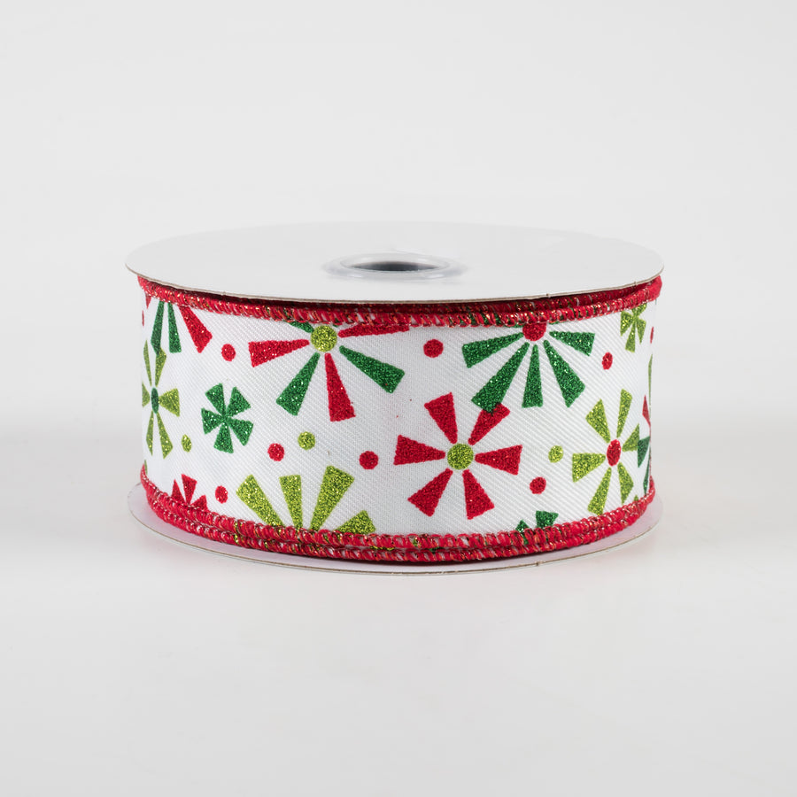 1.5" Glitter Vintage Pinwheels Ribbon: White, Red, Emerald, Lime (10 Yards)