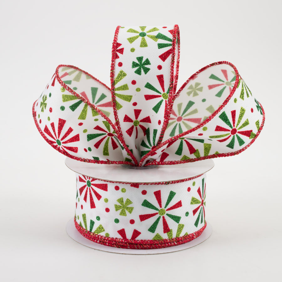 1.5" Glitter Vintage Pinwheels Ribbon: White, Red, Emerald, Lime (10 Yards)