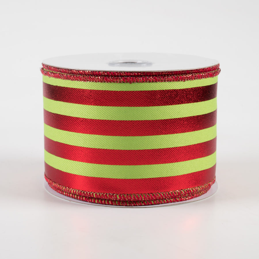 2.5" Metallic Vertical Stripes Ribbon: Lime Green & Red (10 Yards)