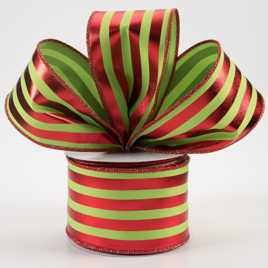 2.5" Metallic Vertical Stripes Ribbon: Lime Green & Red (10 Yards)