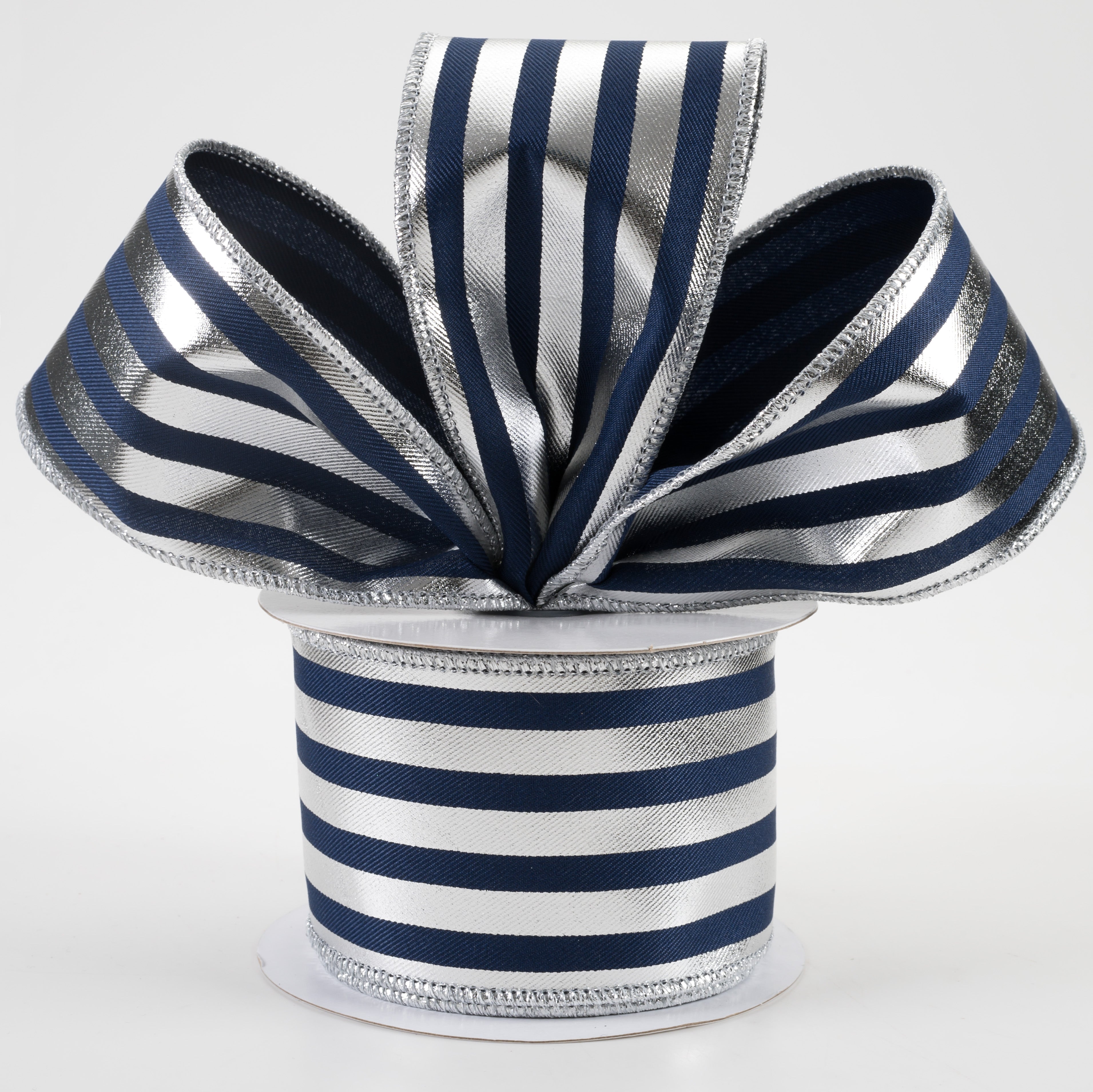 2.5" Metallic Vertical Stripes Ribbon: Navy Blue & Silver (10 Yards)