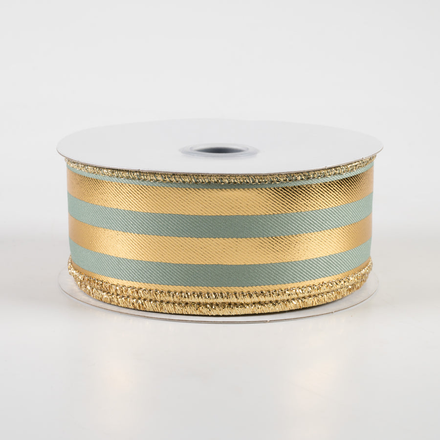 1.5" Metallic Vertical Stripes Ribbon: Sage Green & Gold (10 Yards)