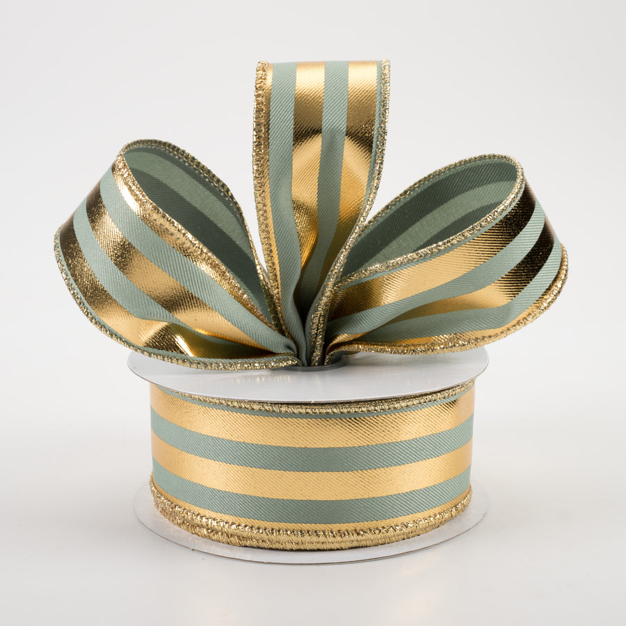 1.5" Metallic Vertical Stripes Ribbon: Sage Green & Gold (10 Yards)