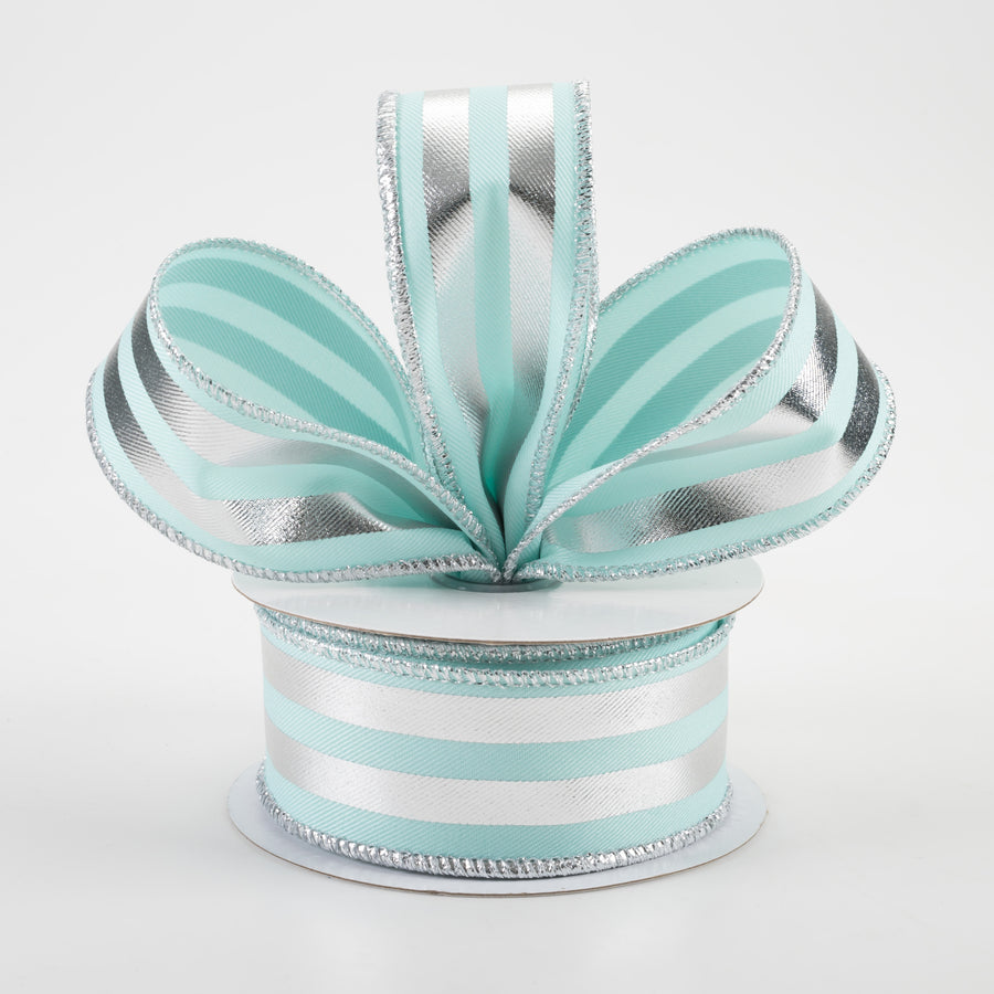 1.5" Metallic Vertical Stripes Ribbon: Ice Blue & Silver (10 Yards)