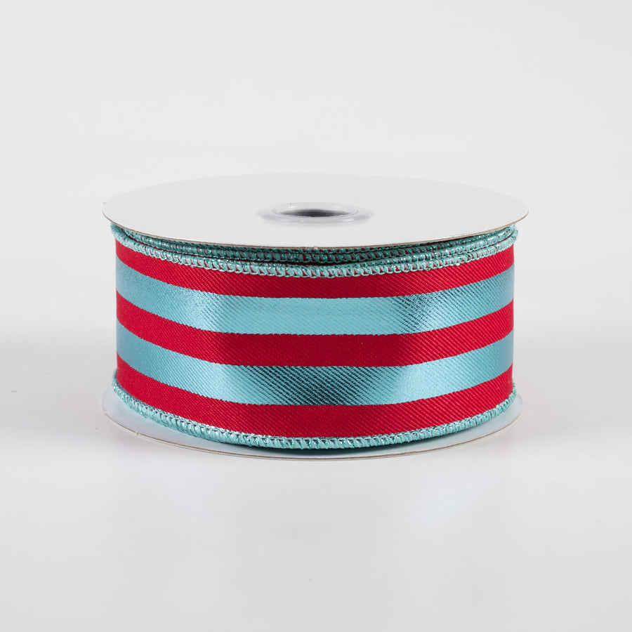 1.5" Metallic Vertical Stripes Ribbon: Red & Ice Blue (10 Yards)