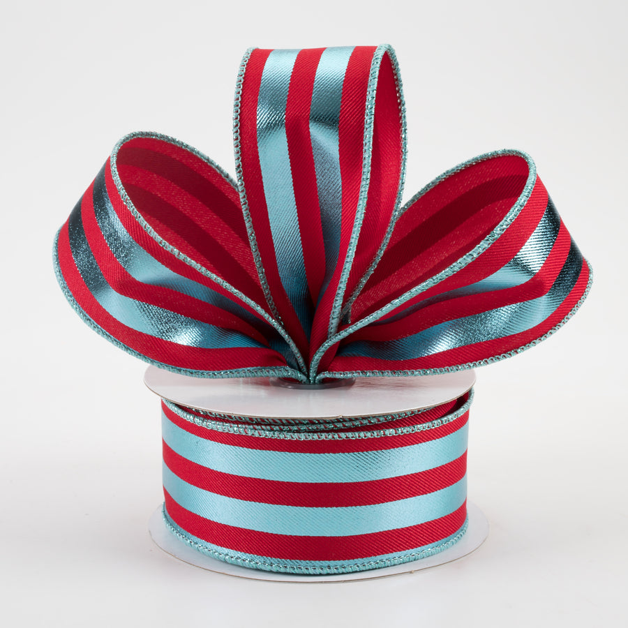 1.5" Metallic Vertical Stripes Ribbon: Red & Ice Blue (10 Yards)