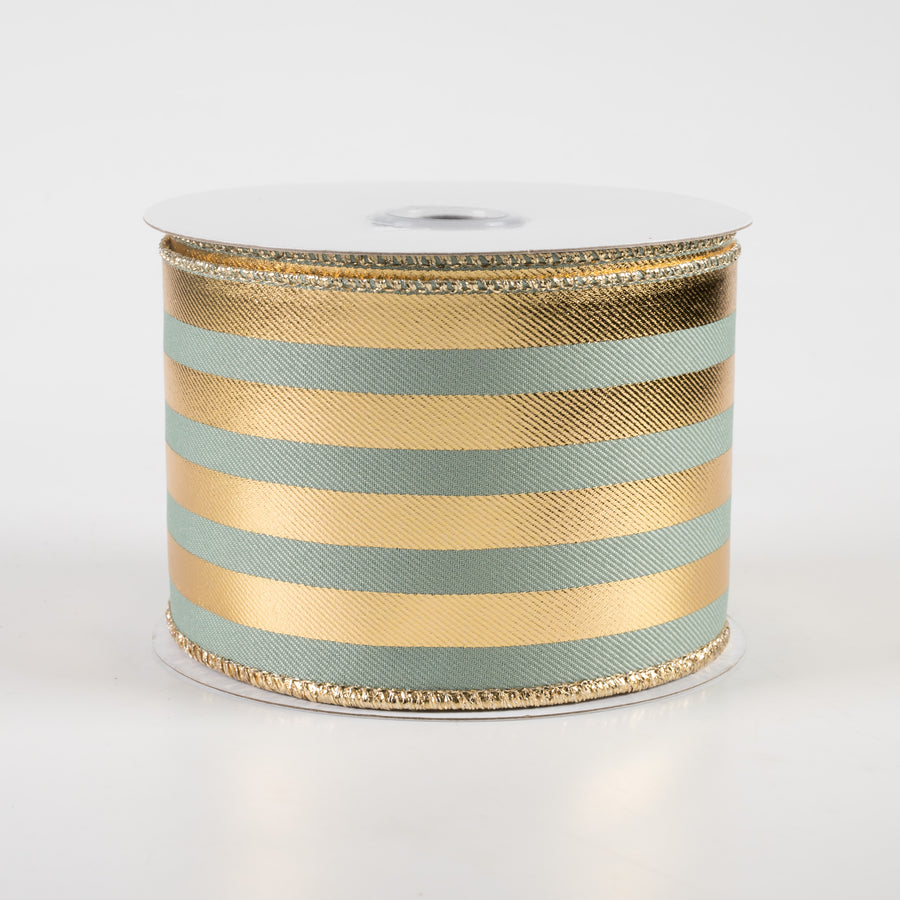 2.5" Metallic Vertical Stripes Ribbon: Sage Green & Gold (10 Yards)