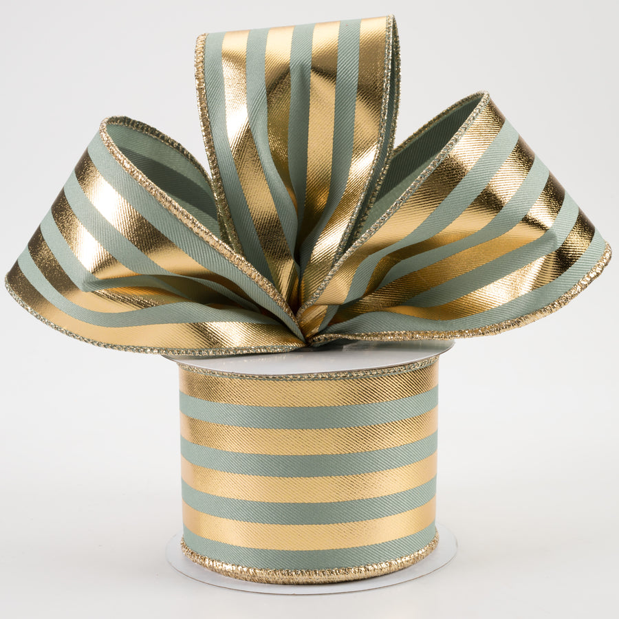 2.5" Metallic Vertical Stripes Ribbon: Sage Green & Gold (10 Yards)