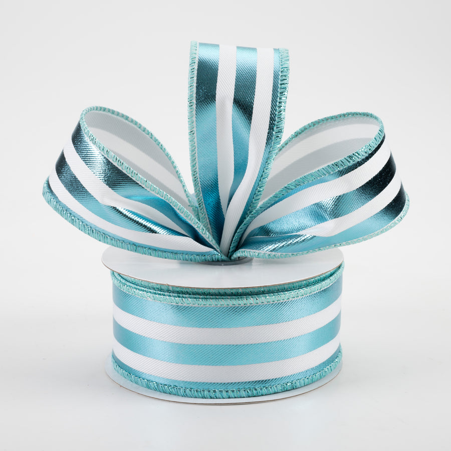 1.5" Metallic Vertical Stripes Ribbon: White & Ice Blue (10 Yards)