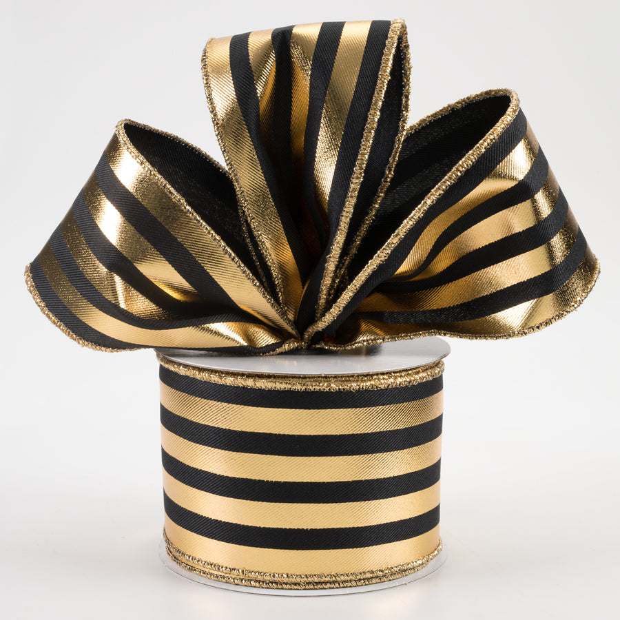 2.5" Metallic Vertical Stripes Ribbon: Black & Gold (10 Yards)