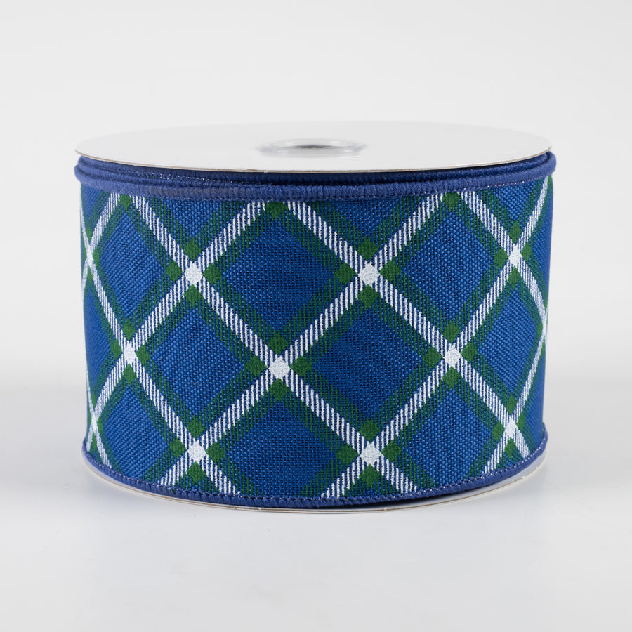 2.5" Diagonal Dash Check Ribbon: Royal Blue, Emerald, White (10 Yards)