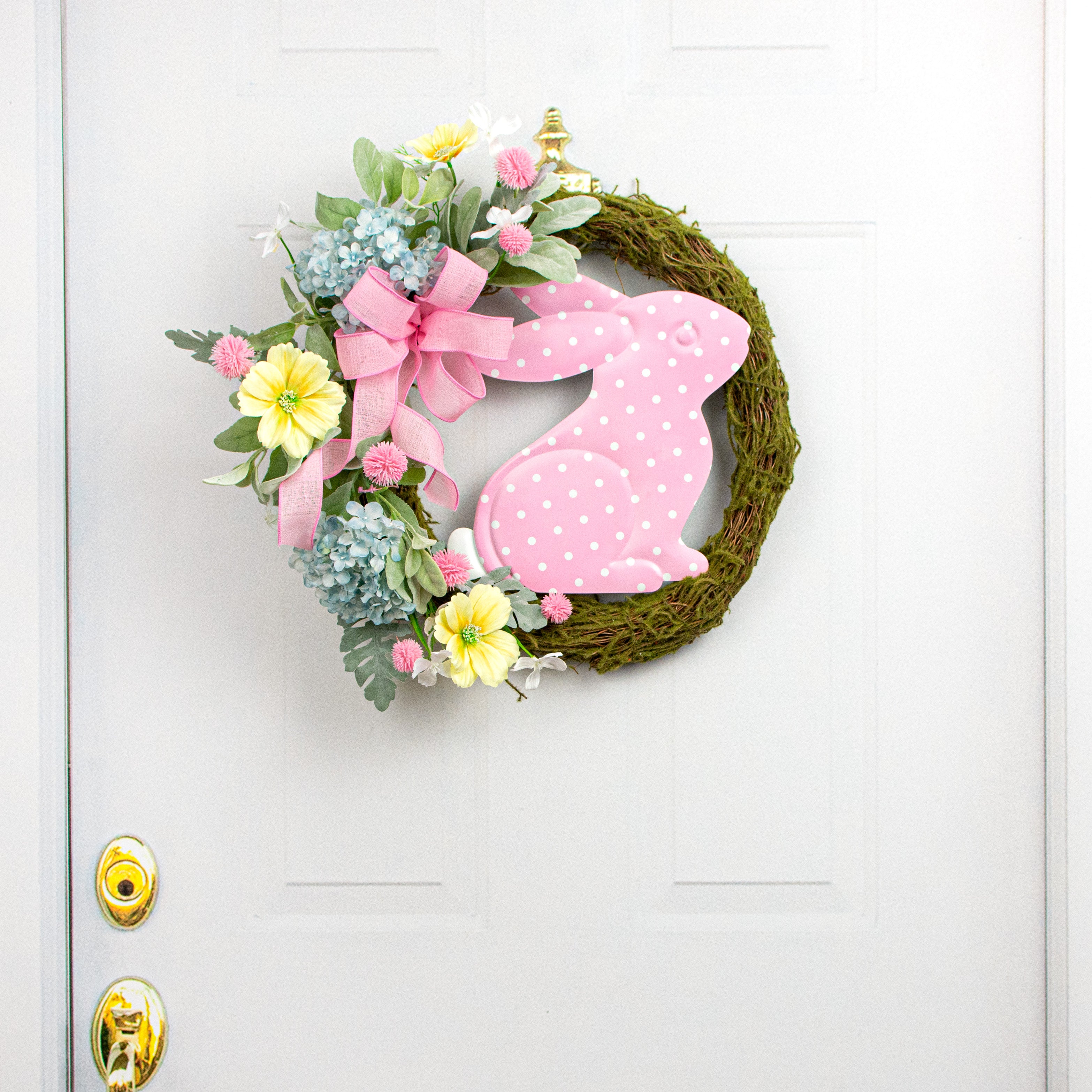 12" Sitting Bunny Embossed Metal Hanger: Pink & White