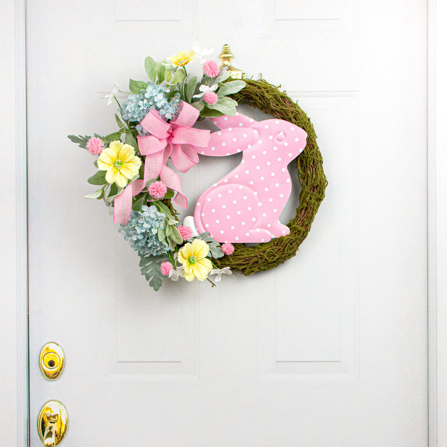 12" Sitting Bunny Embossed Metal Hanger: Pink & White