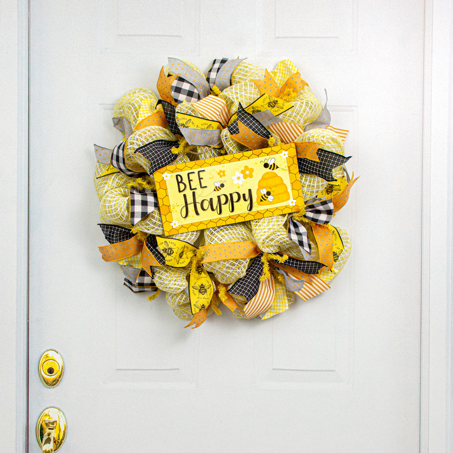 12" Wooden Sign: Bee Happy Honeycomb