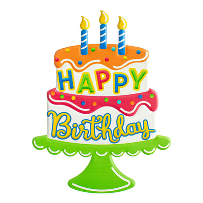 14.5" Metal Embossed Happy Birthday Cake Sign: Blue, Lime, Red