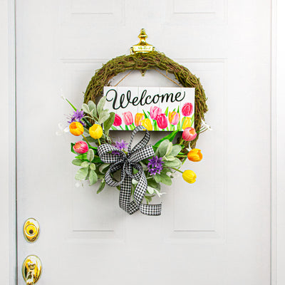 12" Wooden Sign: Welcome Tulips
