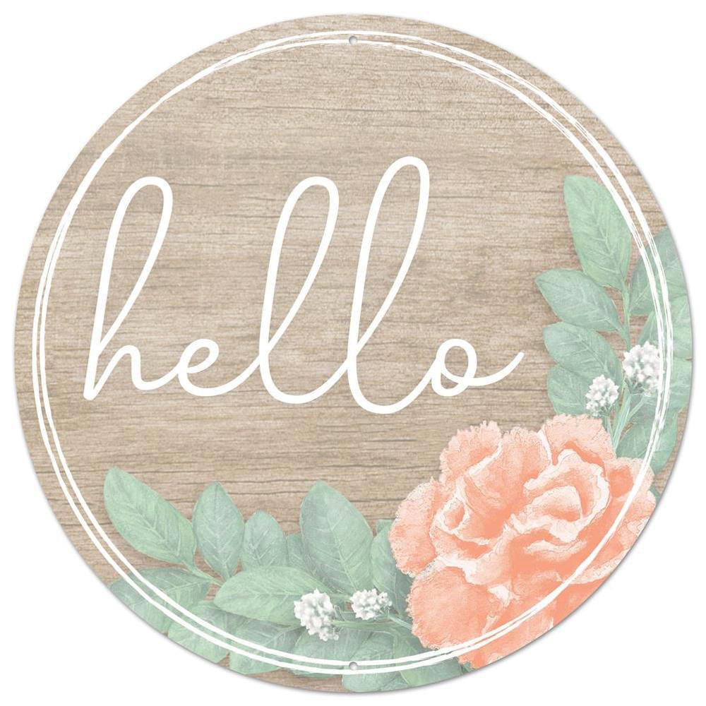 12" Metal Sign: Hello Sage & Pink Floral on Faux Wood