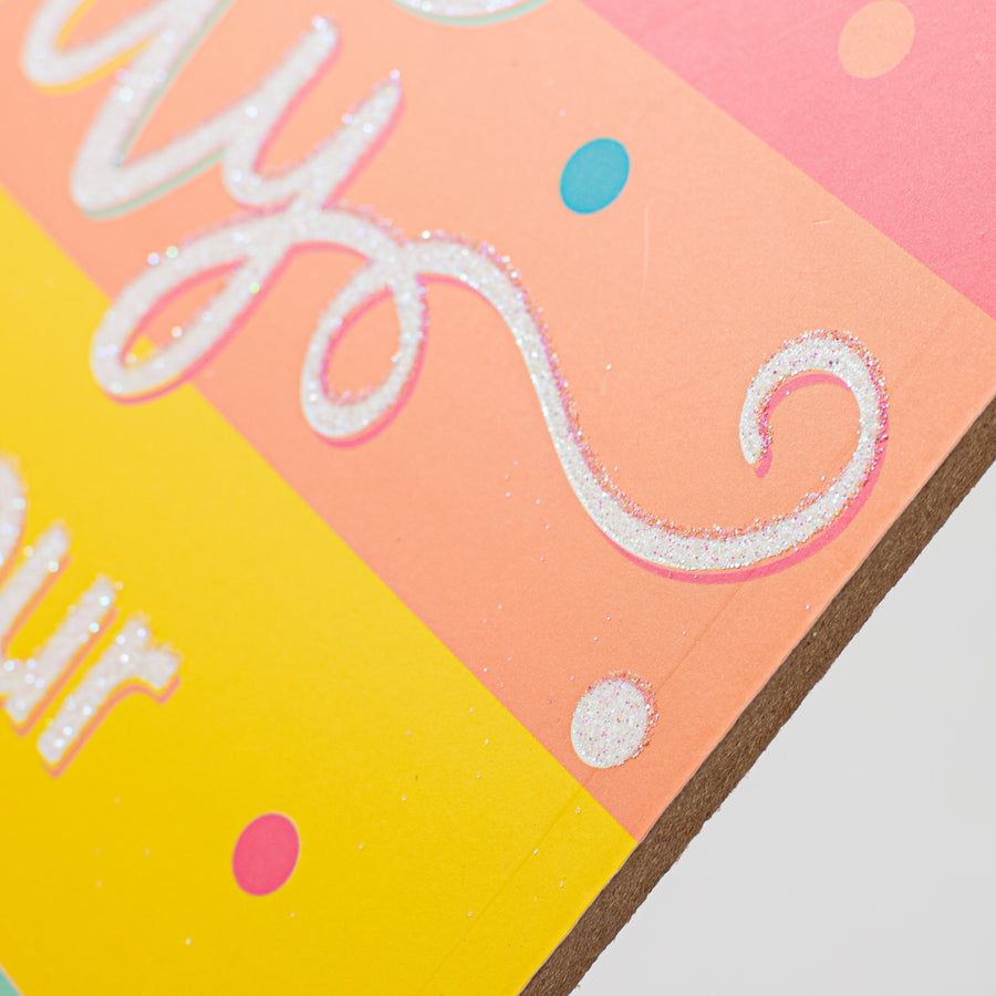 10" Square Wooden Sign: Glitter Birthday Party Peach, Teal, Pink