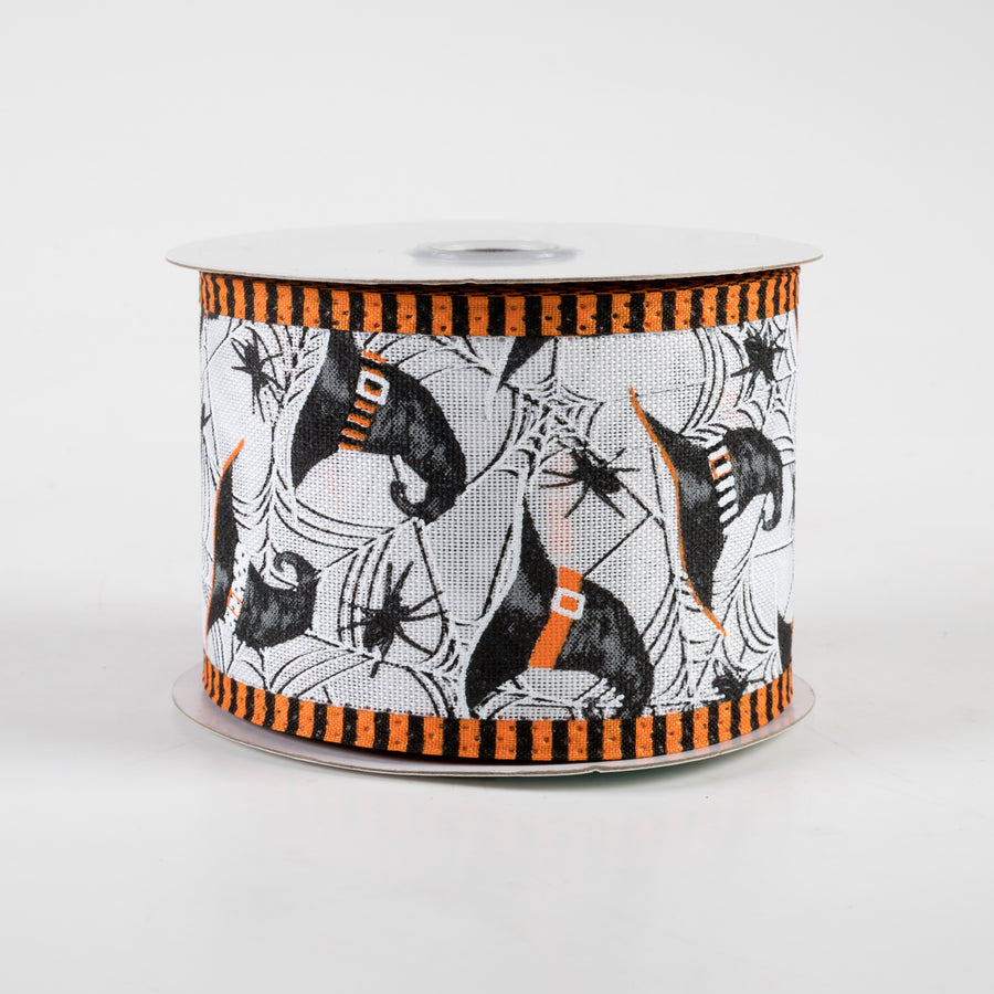 2.5" Witch Hats, Spiders, Stripe Edge Ribbon: White (10 Yards)