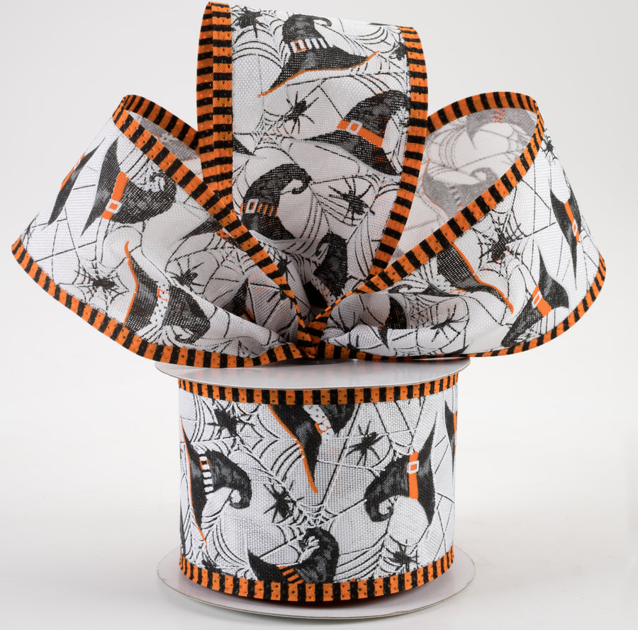 2.5" Witch Hats, Spiders, Stripe Edge Ribbon: White (10 Yards)
