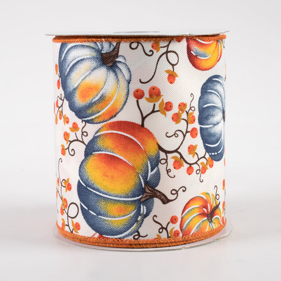 4" Pumpkins Bittersweet Ribbon: Ivory, Orange, Smoke Blue (10 Yards)
