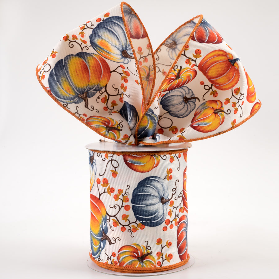 4" Pumpkins Bittersweet Ribbon: Ivory, Orange, Smoke Blue (10 Yards)