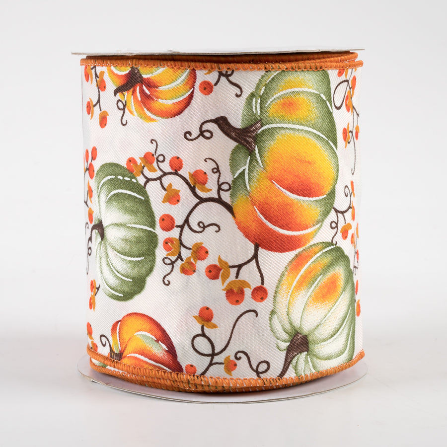 4" Pumpkins With Bittersweet Ribbon: Ivory, Rust, Dark Moss (10 Yards)