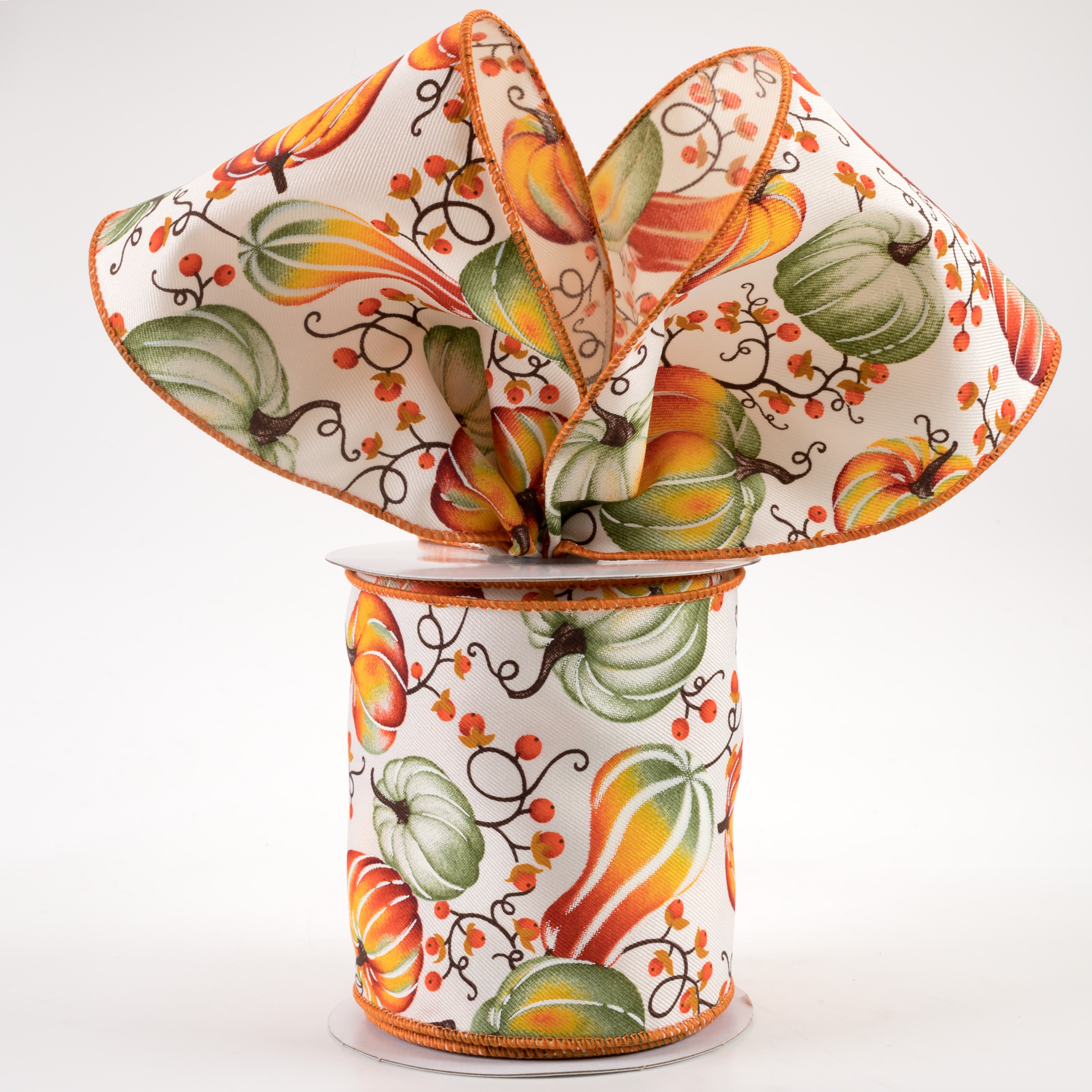 4" Pumpkins With Bittersweet Ribbon: Ivory, Rust, Dark Moss (10 Yards)