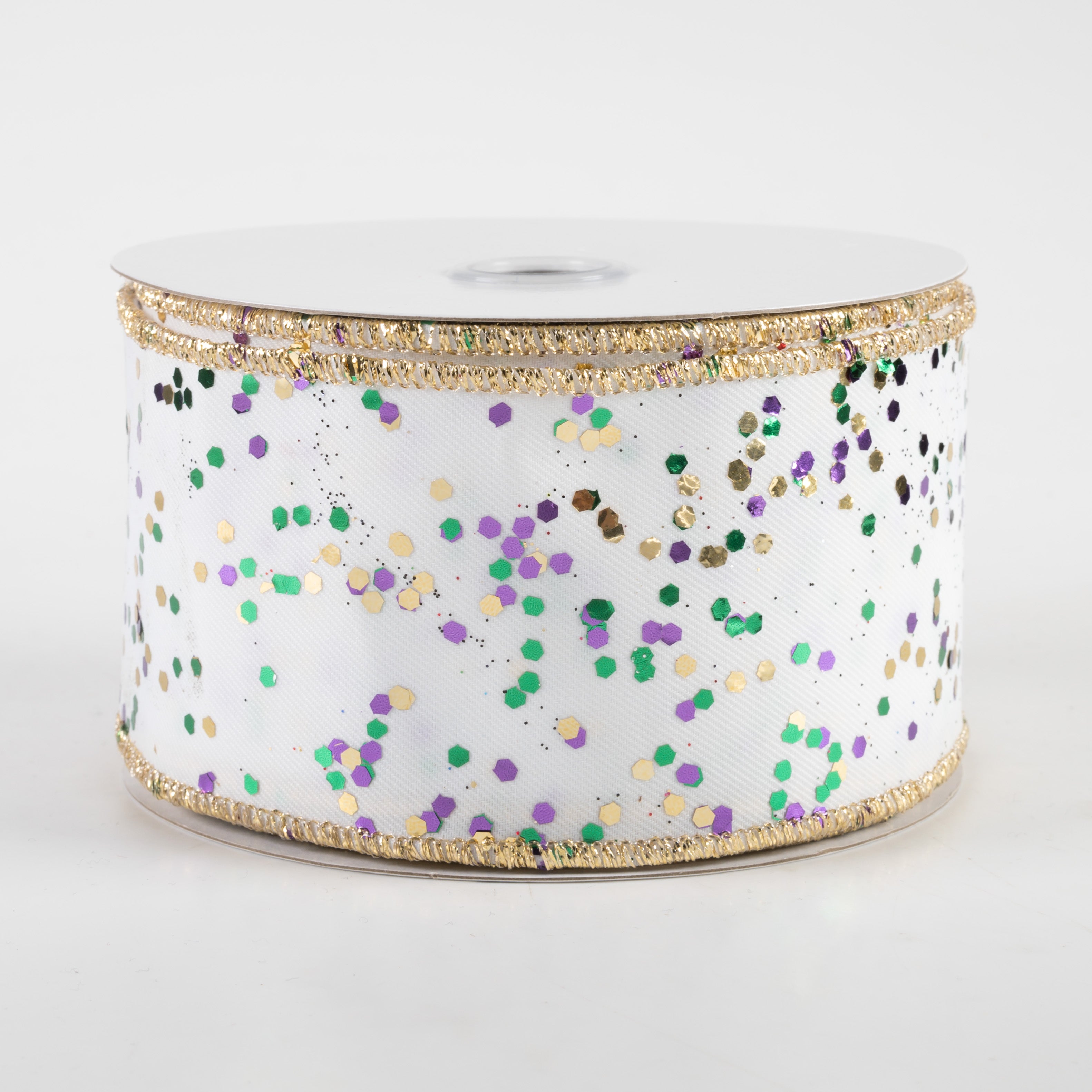 2.5" Sprinkled Hex Glitter Ribbon: Mardi Gras on White (10 Yards)