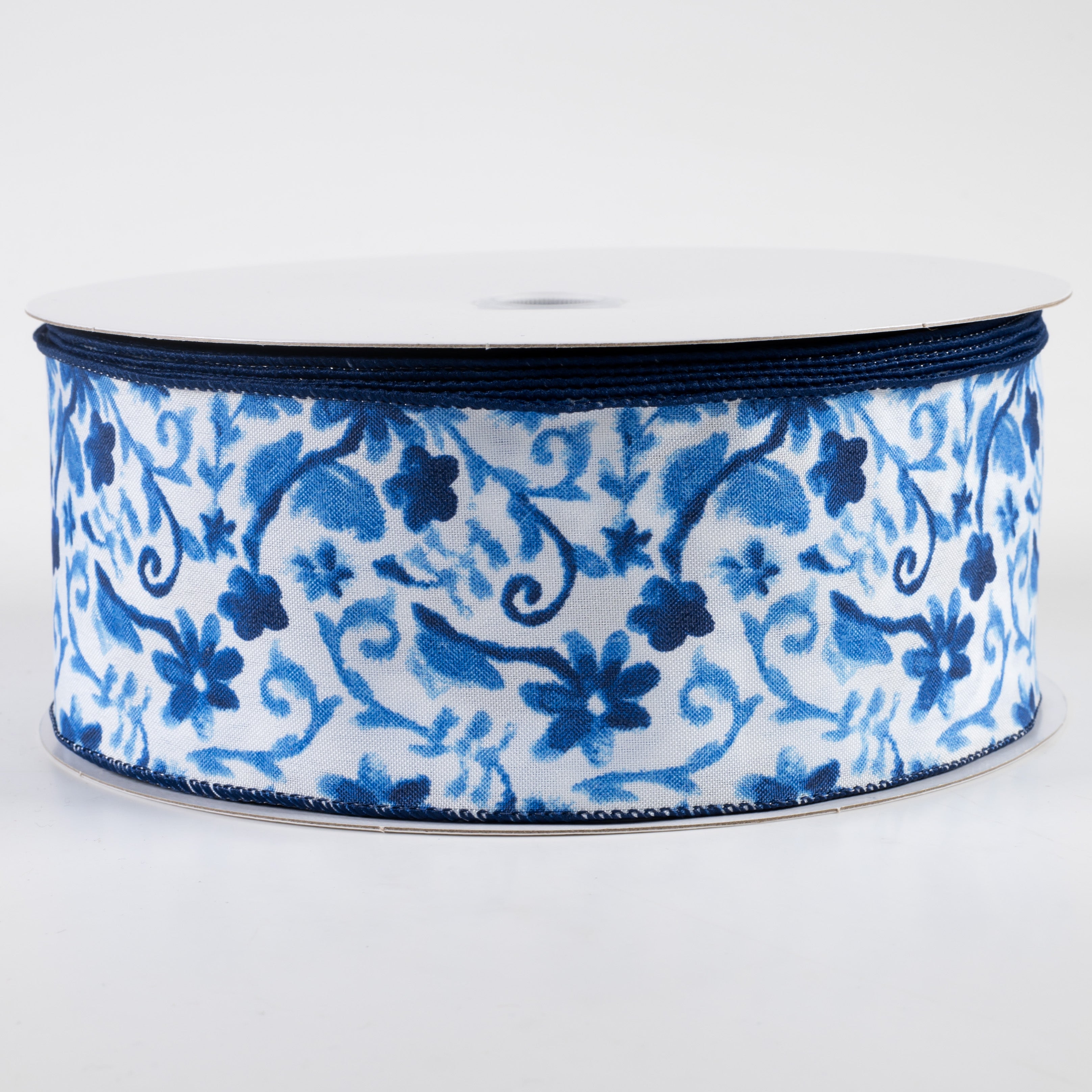 2.5" Watercolor Flower Branches Satin Ribbon: Blues (50 Yards)