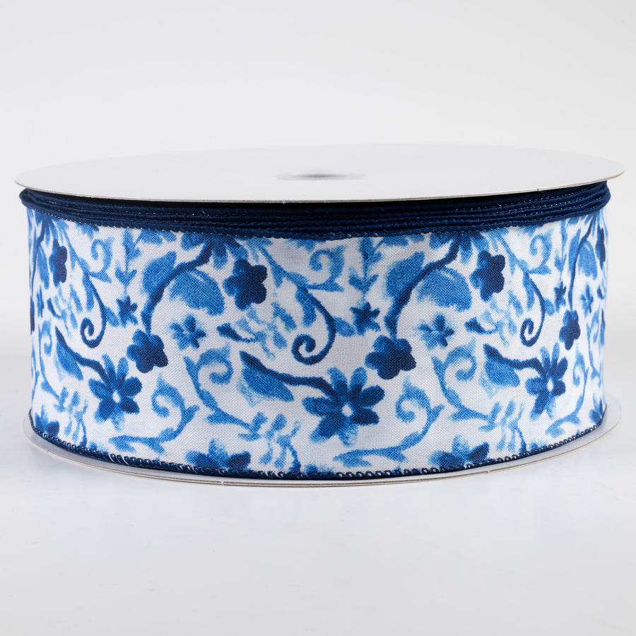 2.5" Watercolor Flower Branches Satin Ribbon: Blues (50 Yards)