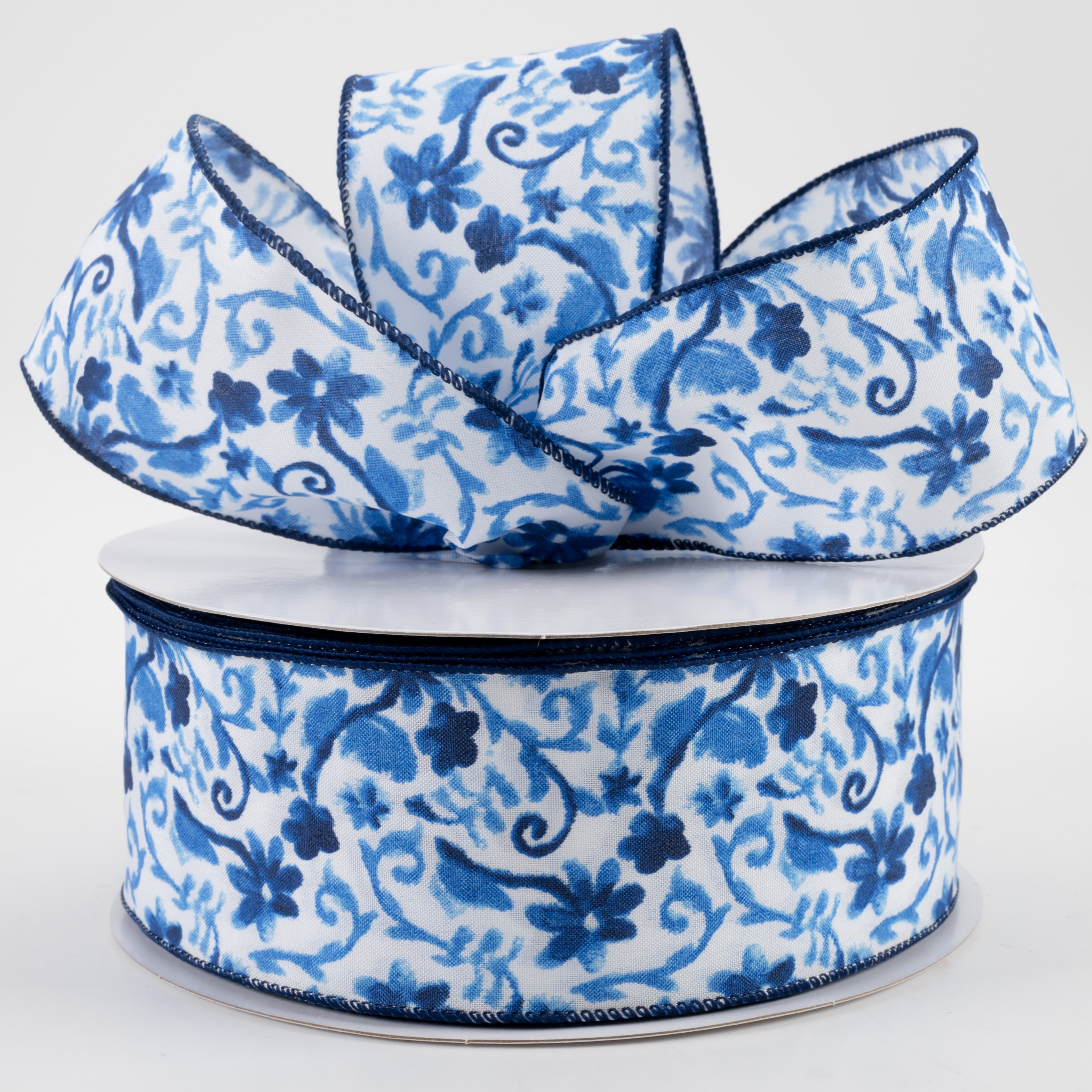2.5" Watercolor Flower Branches Satin Ribbon: Blues (50 Yards)