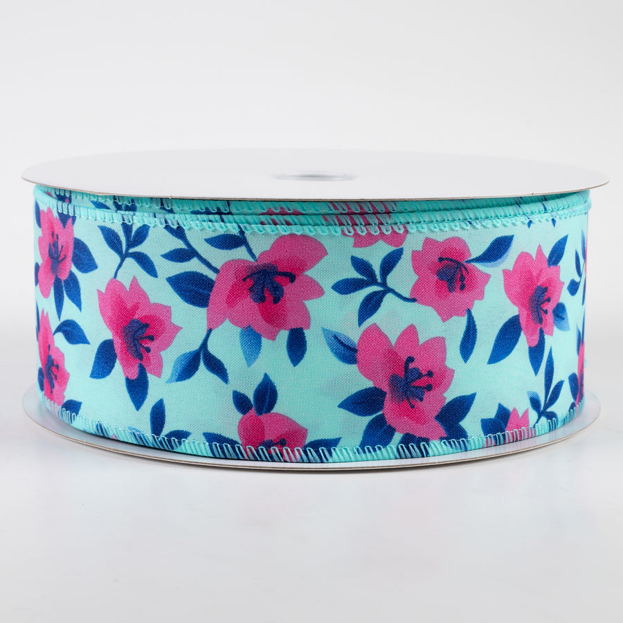2.5" Magnolias Satin Ribbon: Aqua & Fuchsia (50 Yards)