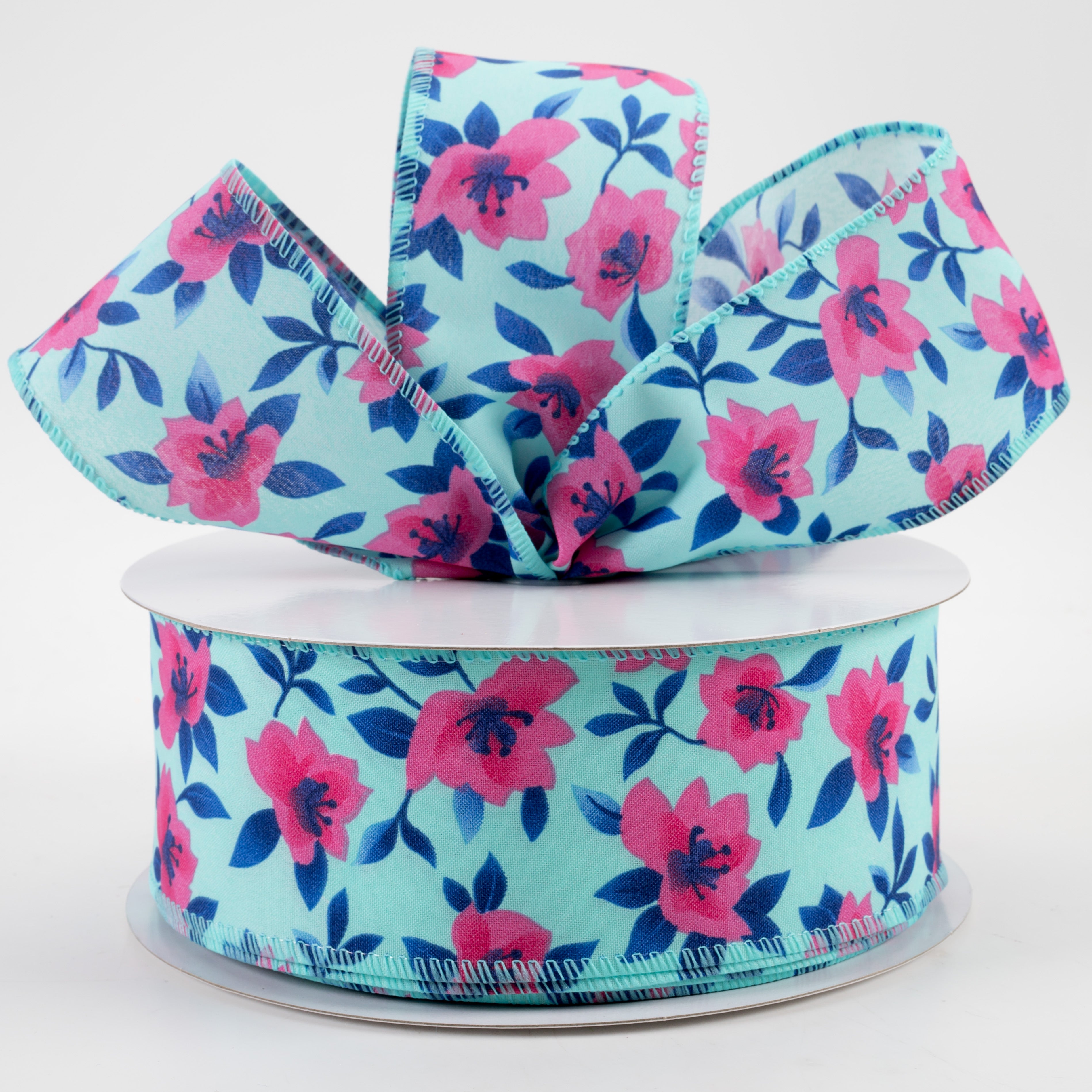 2.5" Magnolias Satin Ribbon: Aqua & Fuchsia (50 Yards)