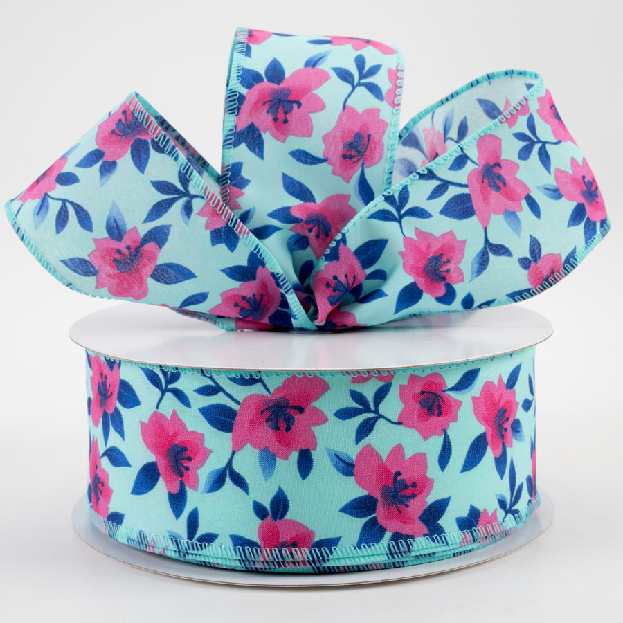 2.5" Magnolias Satin Ribbon: Aqua & Fuchsia (50 Yards)