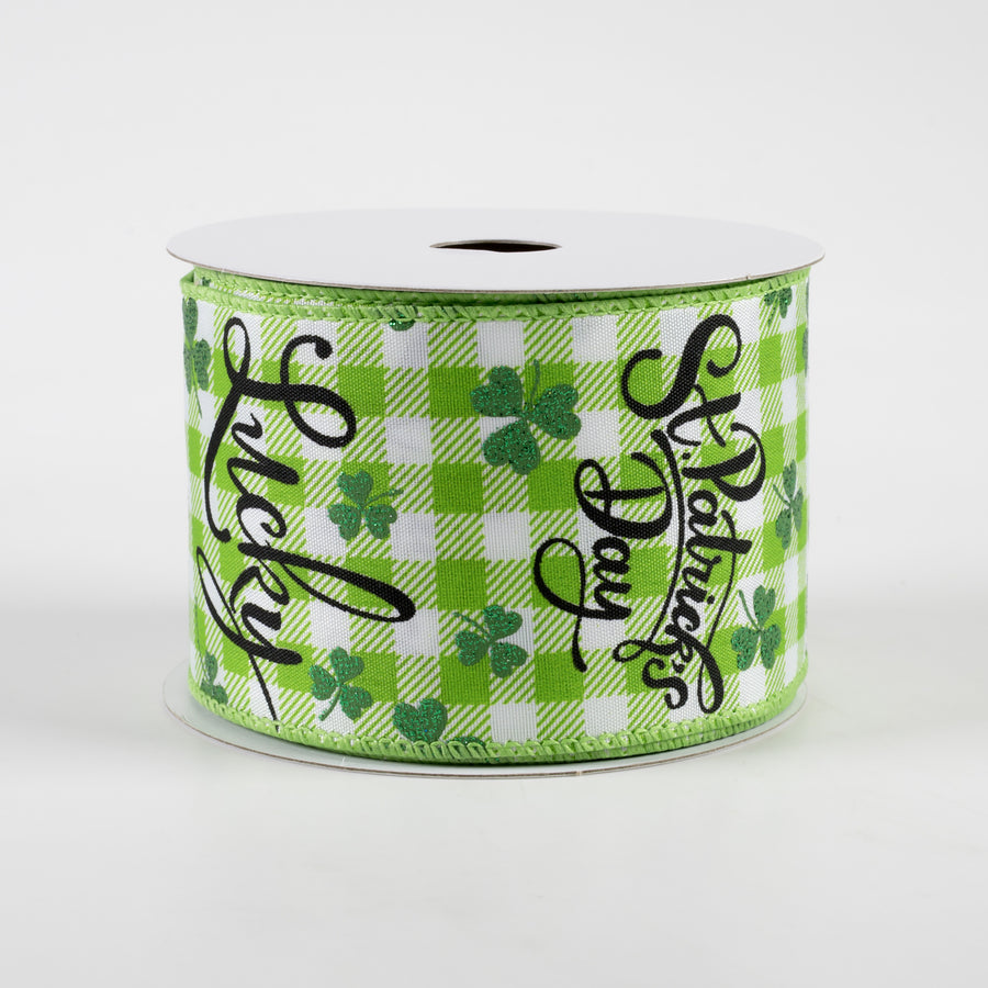 2.5" Lucky St. Pat Gingham Satin Ribbon: Lime & White (10 Yards)